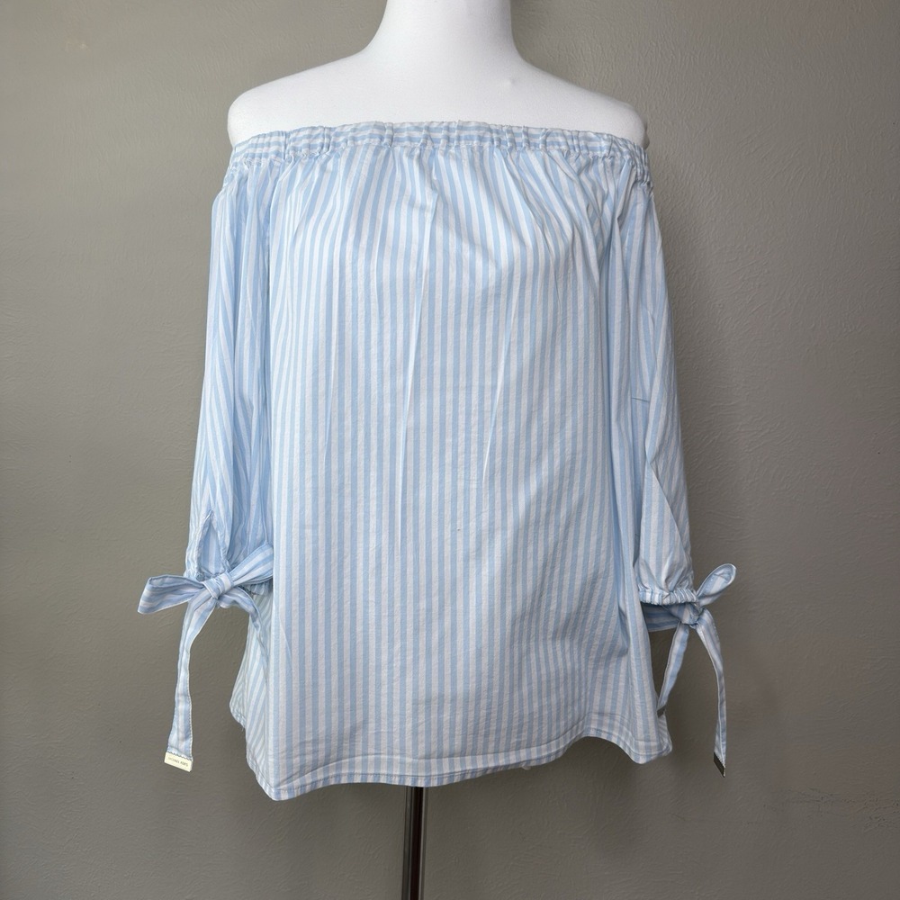Michael Kors M Stripe Off Shoulder Blouse Nautical Coastal Beachy Coquette Cotto